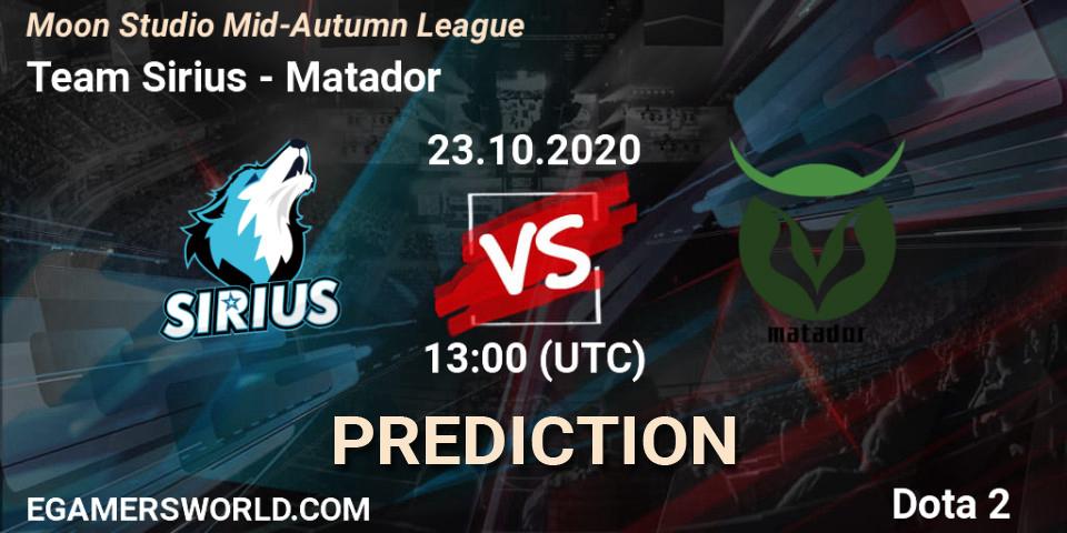 Pronóstico Team Sirius - Matador. 23.10.2020 at 11:52, Dota 2, Moon Studio Mid-Autumn League