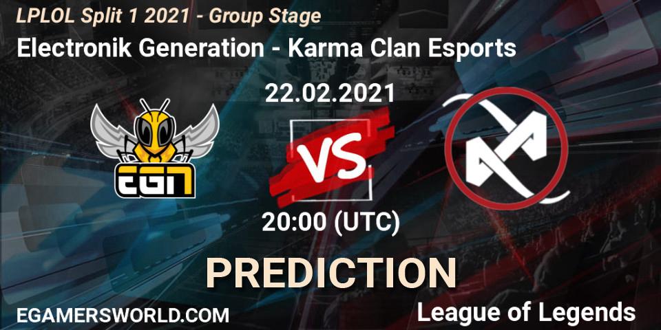 Pronóstico Electronik Generation - Karma Clan Esports. 22.02.2021 at 20:00, LoL, LPLOL Split 1 2021 - Group Stage