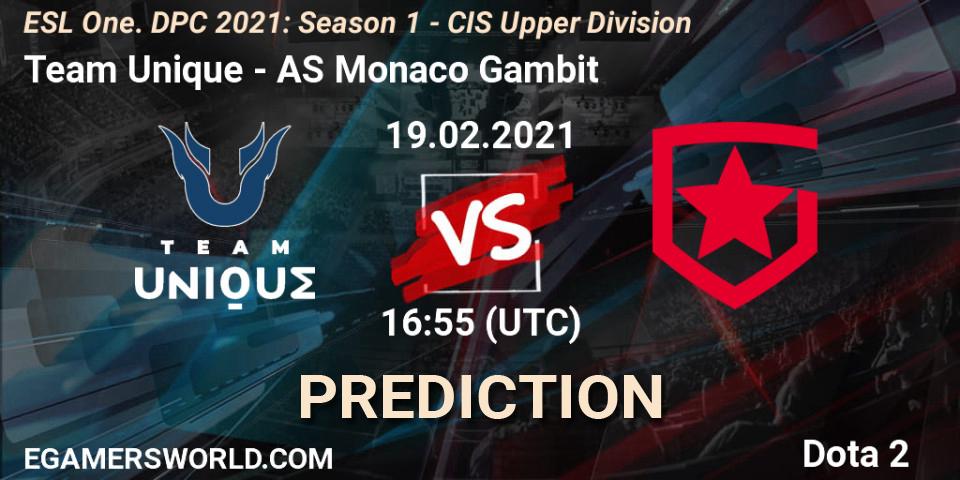 Pronóstico Team Unique - AS Monaco Gambit. 19.02.2021 at 16:55, Dota 2, ESL One. DPC 2021: Season 1 - CIS Upper Division