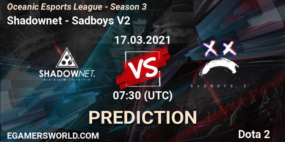 Pronóstico Shadownet - Sadboys V2. 17.03.2021 at 07:33, Dota 2, Oceanic Esports League - Season 3