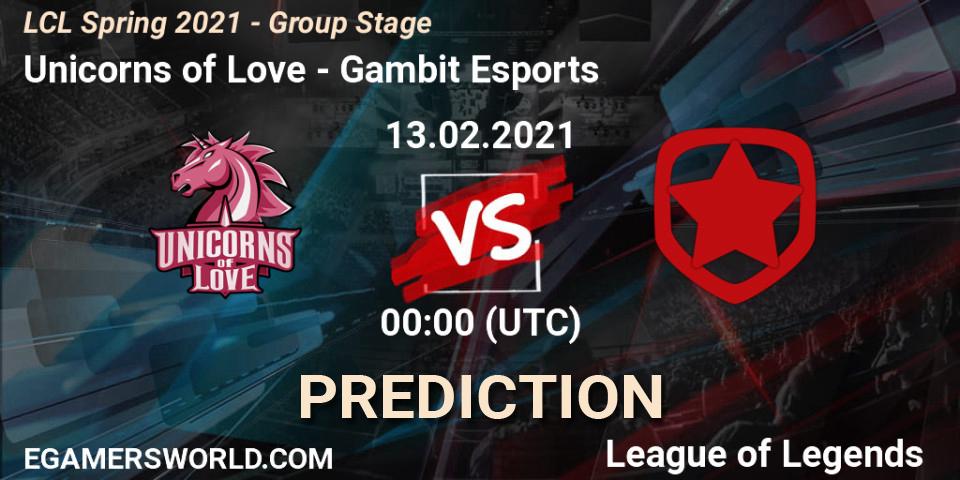 Pronóstico Unicorns of Love - Gambit Esports. 13.02.2021 at 13:00, LoL, LCL Spring 2021 - Group Stage