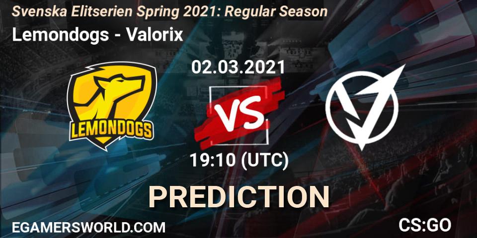 Pronóstico Lemondogs - Valorix. 02.03.2021 at 19:10, Counter-Strike (CS2), Svenska Elitserien Spring 2021: Regular Season