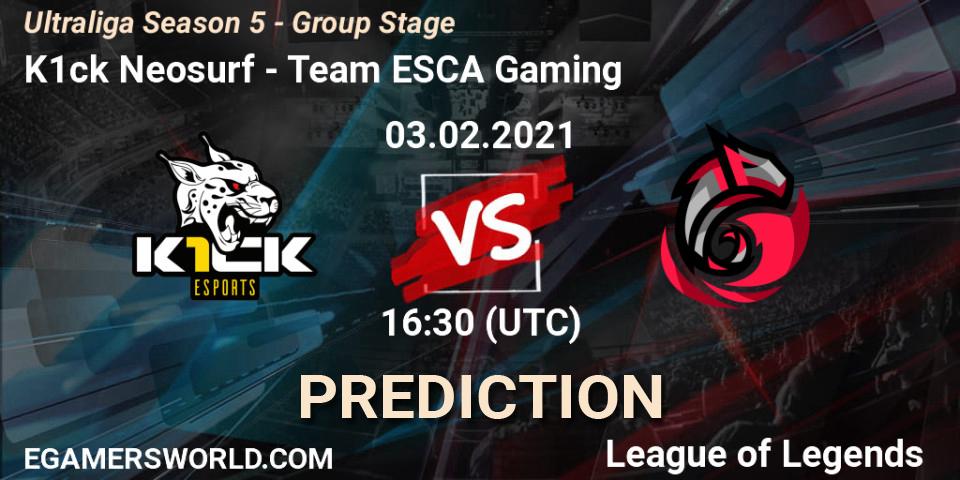 Pronóstico K1ck Neosurf - Team ESCA Gaming. 03.02.2021 at 16:30, LoL, Ultraliga Season 5 - Group Stage