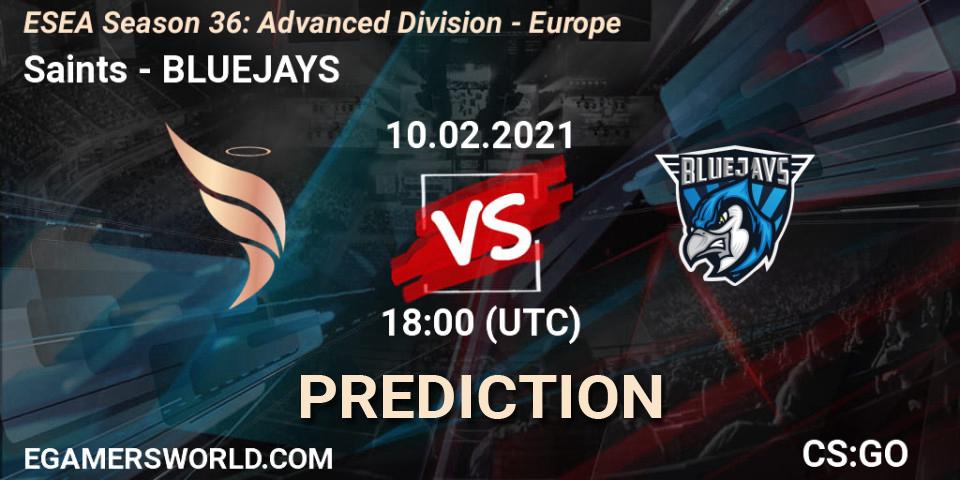 Pronóstico Saints - BLUEJAYS. 10.02.2021 at 18:00, Counter-Strike (CS2), ESEA Season 36: Europe - Advanced Division