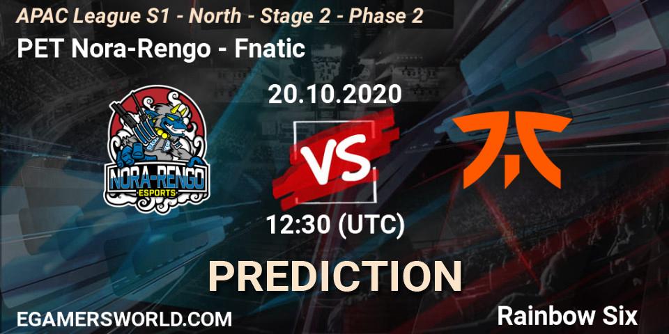 Pronóstico PET Nora-Rengo - Fnatic. 20.10.2020 at 12:30, Rainbow Six, APAC League S1 - North - Stage 2 - Phase 2
