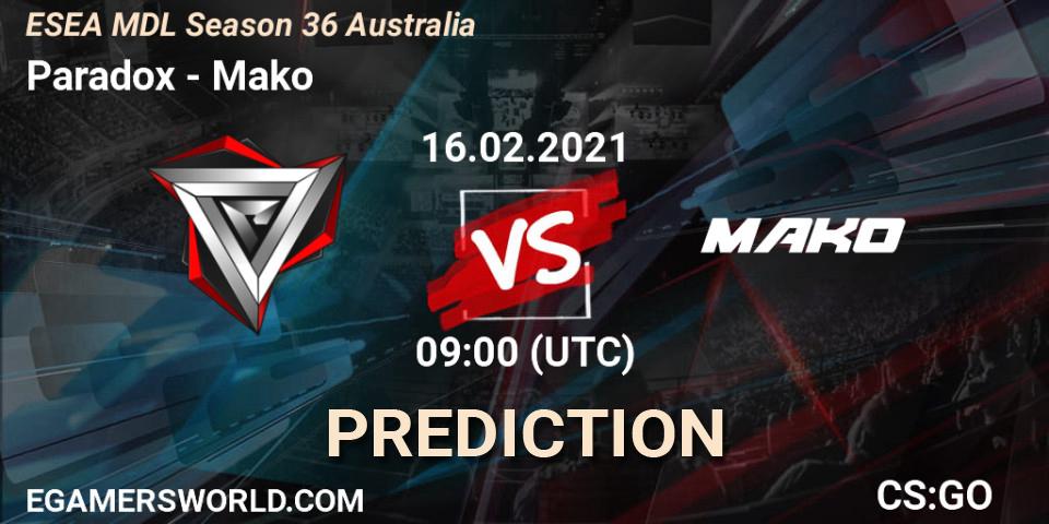 Pronóstico Paradox - Mako. 16.02.2021 at 09:00, Counter-Strike (CS2), MDL ESEA Season 36: Australia - Premier Division