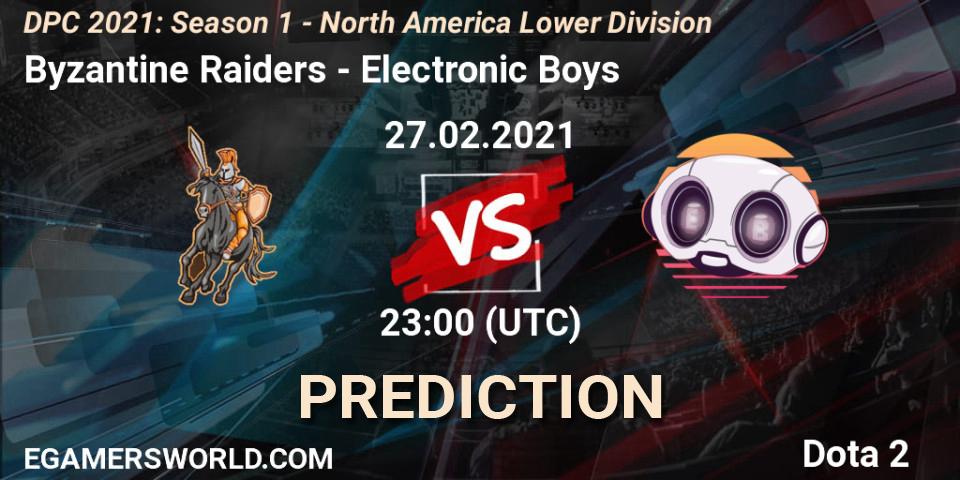 Pronóstico Byzantine Raiders - Electronic Boys. 27.02.2021 at 23:04, Dota 2, DPC 2021: Season 1 - North America Lower Division