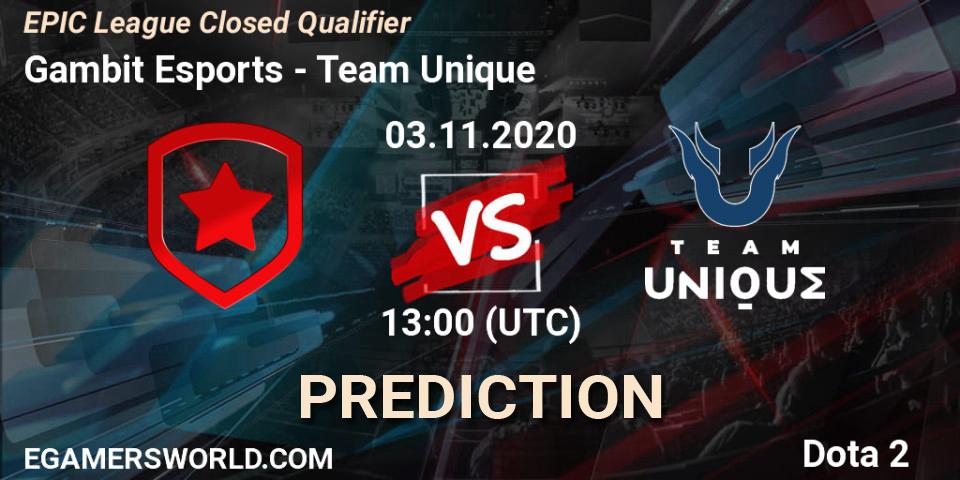 Pronóstico Gambit Esports - Team Unique. 03.11.2020 at 15:00, Dota 2, EPIC League Closed Qualifier