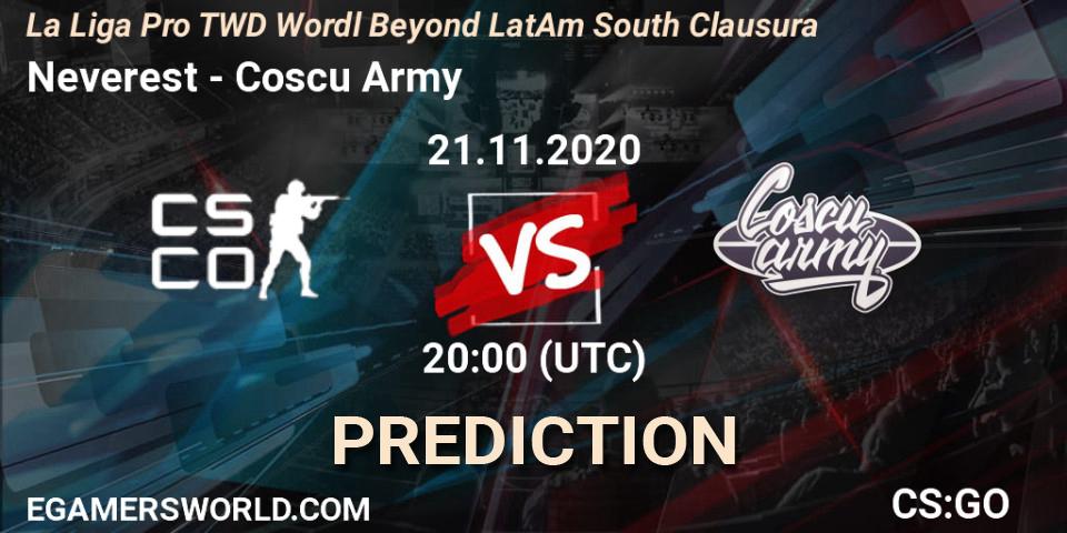 Pronóstico Neverest - Coscu Army. 21.11.20, CS2 (CS:GO), La Liga Pro TWD Wordl Beyond LatAm South Clausura