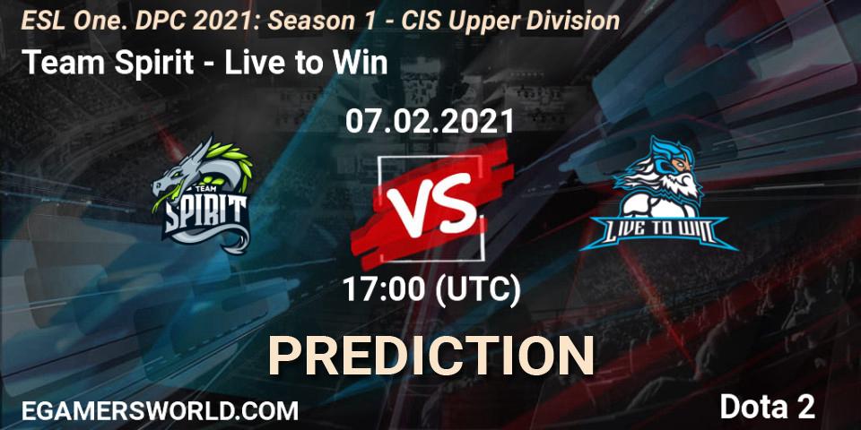 Pronóstico Team Spirit - Live to Win. 07.02.2021 at 16:56, Dota 2, ESL One. DPC 2021: Season 1 - CIS Upper Division