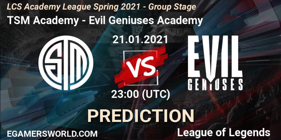 Pronóstico TSM Academy - Evil Geniuses Academy. 21.01.2021 at 23:15, LoL, LCS Academy League Spring 2021 - Group Stage