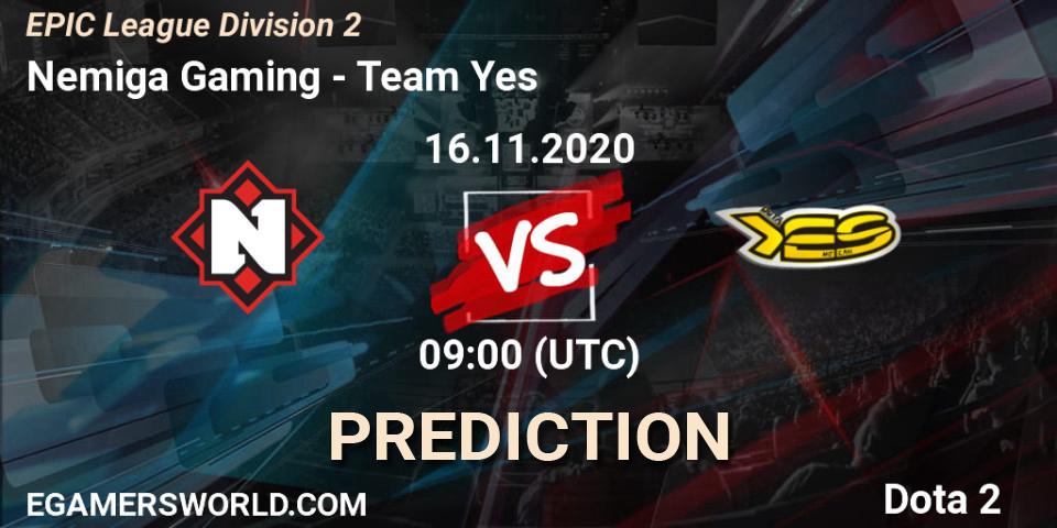 Pronóstico Nemiga Gaming - Team Yes. 16.11.20, Dota 2, EPIC League Division 2