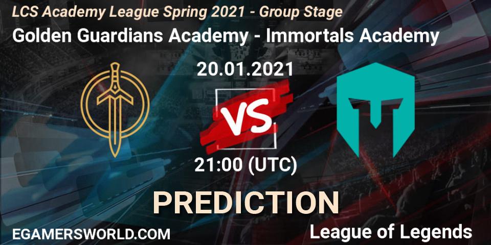 Pronóstico Golden Guardians Academy - Immortals Academy. 20.01.2021 at 21:00, LoL, LCS Academy League Spring 2021 - Group Stage
