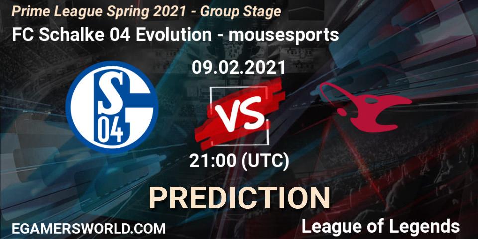 Pronóstico FC Schalke 04 Evolution - mousesports. 09.02.2021 at 20:15, LoL, Prime League Spring 2021 - Group Stage