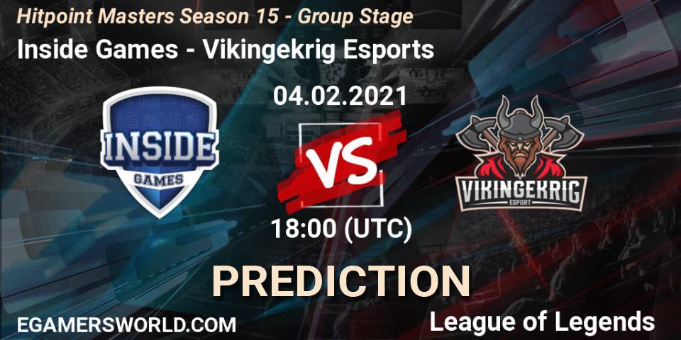 Pronóstico Inside Games - Vikingekrig Esports. 04.02.2021 at 18:30, LoL, Hitpoint Masters Season 15 - Group Stage