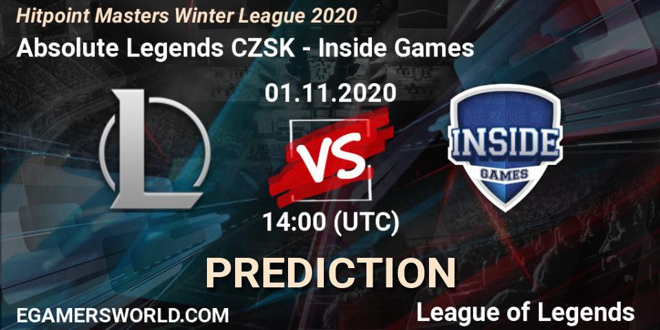 Pronóstico Absolute Legends CZSK - Inside Games. 01.11.2020 at 14:00, LoL, Hitpoint Masters Winter League 2020