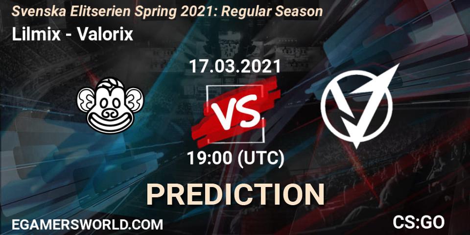 Pronóstico Lilmix - Valorix. 17.03.2021 at 19:00, Counter-Strike (CS2), Svenska Elitserien Spring 2021: Regular Season