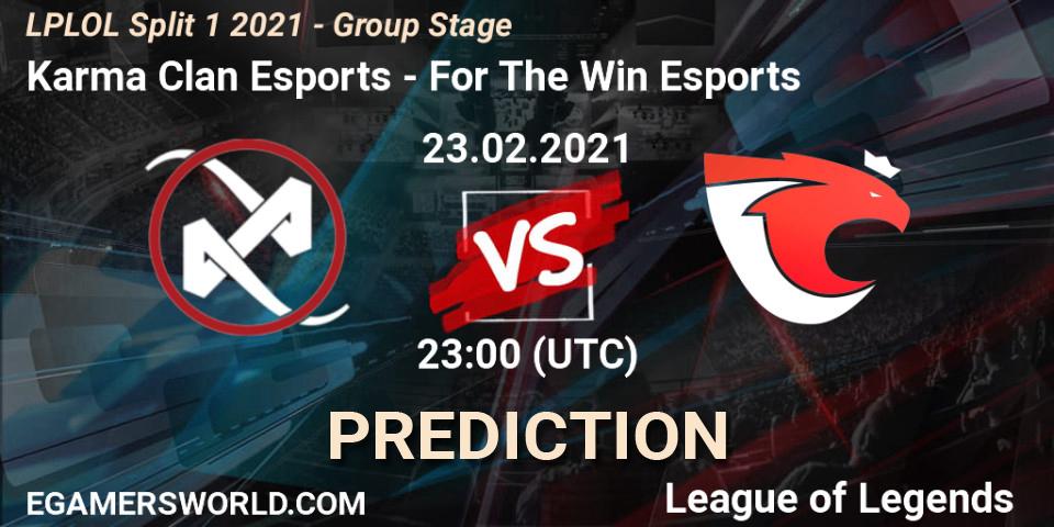 Pronóstico Karma Clan Esports - For The Win Esports. 23.02.2021 at 23:00, LoL, LPLOL Split 1 2021 - Group Stage