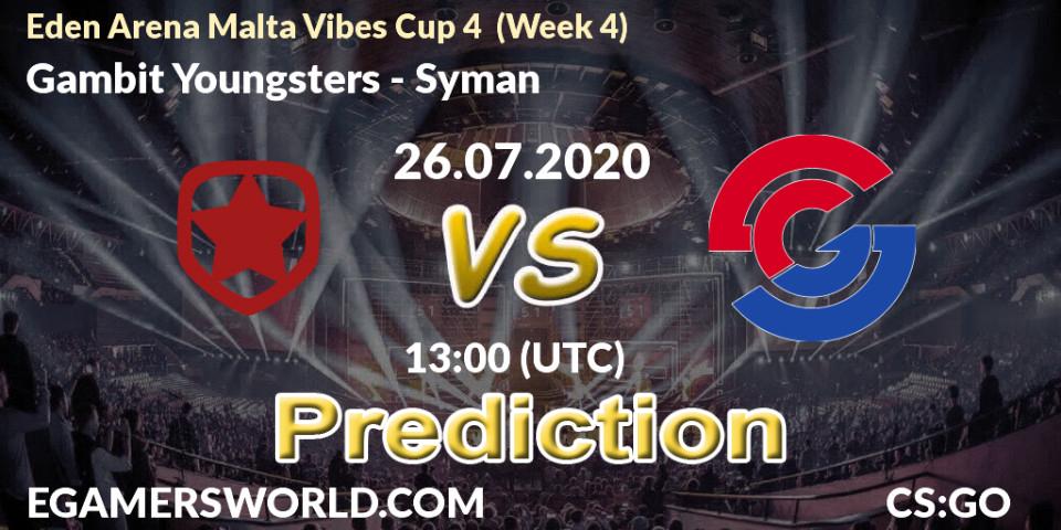 Pronóstico Gambit Youngsters - Syman. 26.07.2020 at 13:00, Counter-Strike (CS2), Eden Arena Malta Vibes Cup 4 (Week 4)