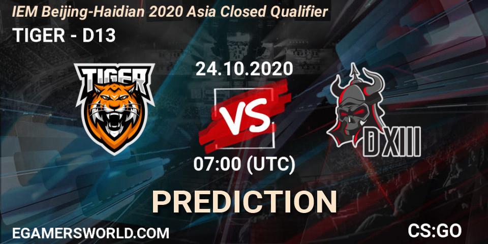 Pronóstico TIGER - D13. 24.10.20, CS2 (CS:GO), IEM Beijing-Haidian 2020 Asia Closed Qualifier