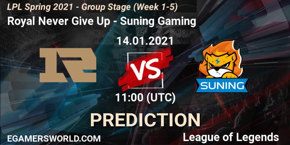 Pronóstico Royal Never Give Up - Suning Gaming. 14.01.2021 at 11:00, LoL, LPL Spring 2021 - Group Stage (Week 1-5)
