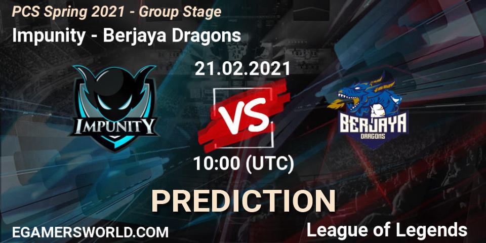 Pronóstico Impunity - Berjaya Dragons. 21.02.2021 at 10:00, LoL, PCS Spring 2021 - Group Stage