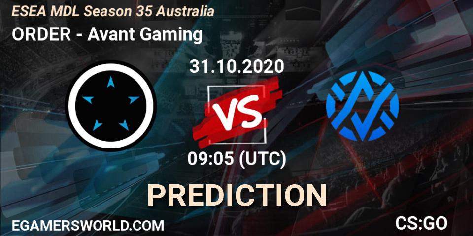 Pronóstico ORDER - Avant Gaming. 31.10.20, CS2 (CS:GO), ESEA MDL Season 35 Australia