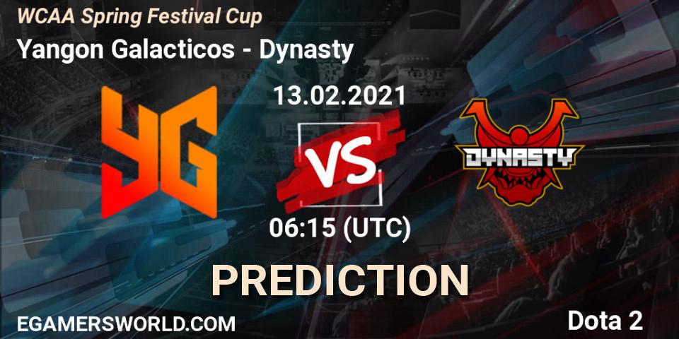 Pronóstico Yangon Galacticos - Dynasty. 13.02.2021 at 06:30, Dota 2, WCAA Spring Festival Cup