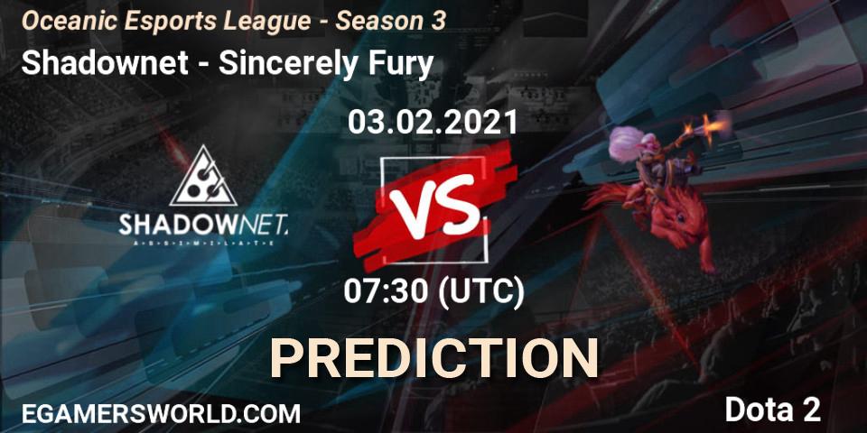 Pronóstico Shadownet - Sincerely Fury. 03.02.2021 at 09:14, Dota 2, Oceanic Esports League - Season 3