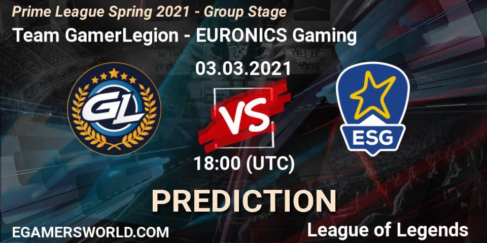 Pronóstico Team GamerLegion - EURONICS Gaming. 03.03.2021 at 18:00, LoL, Prime League Spring 2021 - Group Stage