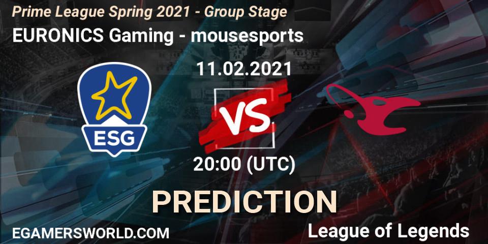 Pronóstico EURONICS Gaming - mousesports. 11.02.2021 at 20:00, LoL, Prime League Spring 2021 - Group Stage