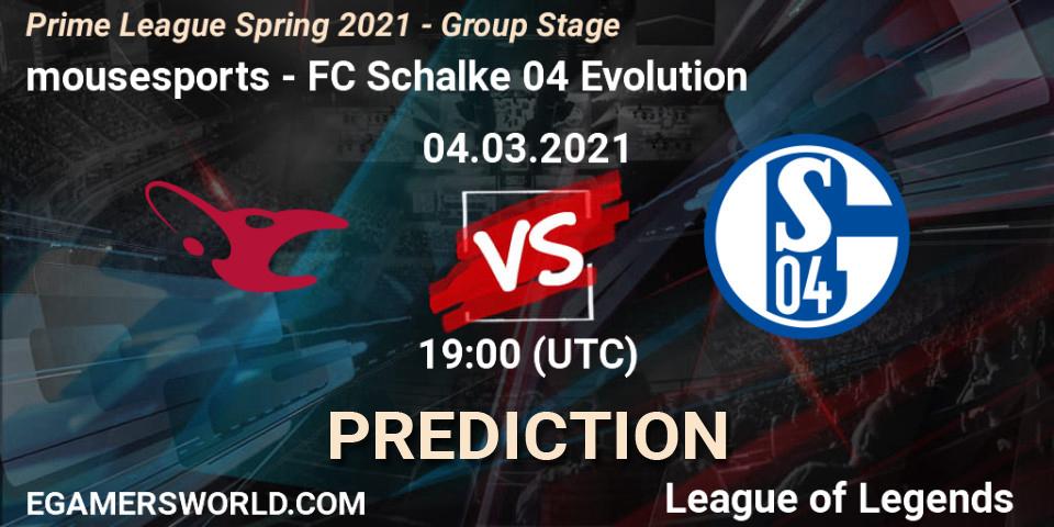 Pronóstico mousesports - FC Schalke 04 Evolution. 04.03.2021 at 18:45, LoL, Prime League Spring 2021 - Group Stage