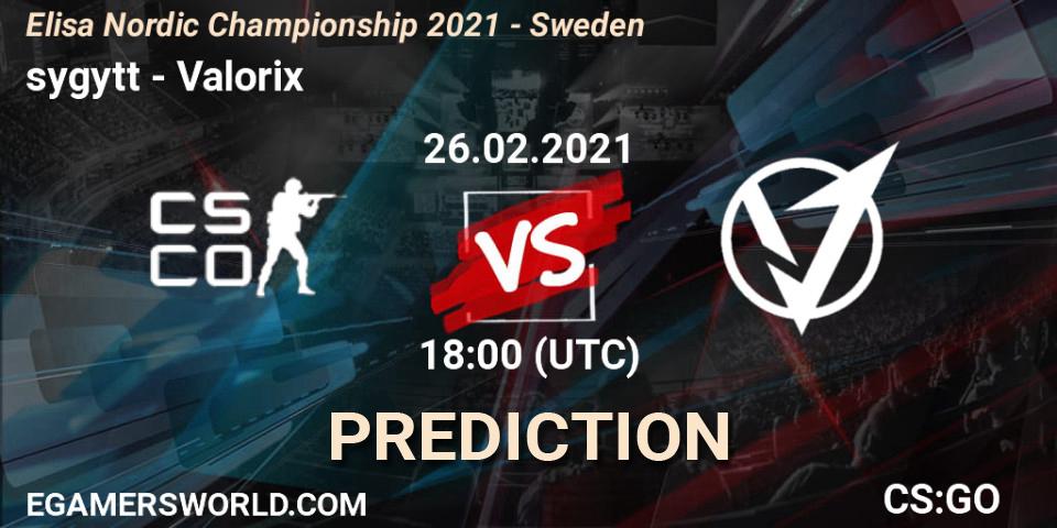 Pronóstico sygytt - Valorix. 26.02.2021 at 18:00, Counter-Strike (CS2), Elisa Nordic Championship 2021 - Sweden