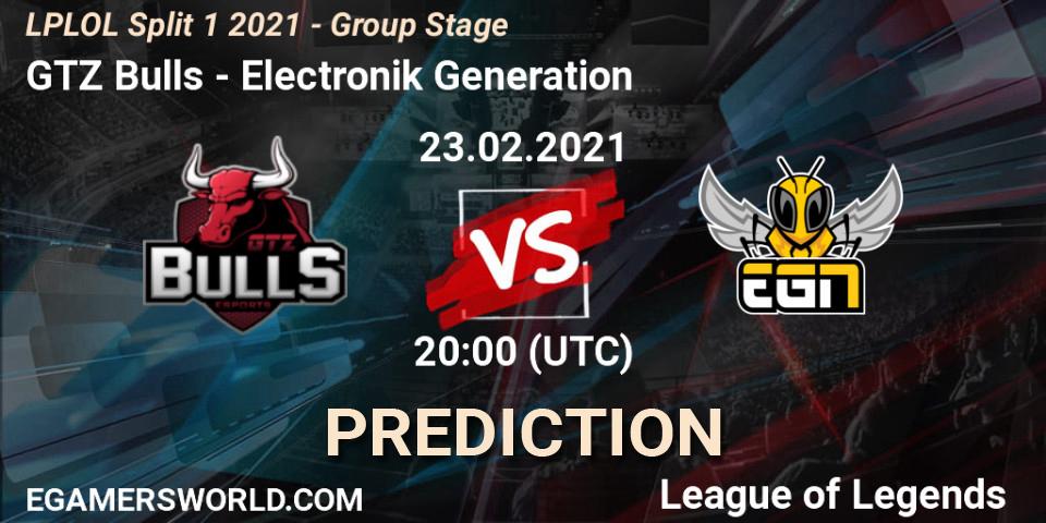 Pronóstico GTZ Bulls - Electronik Generation. 23.02.2021 at 20:00, LoL, LPLOL Split 1 2021 - Group Stage