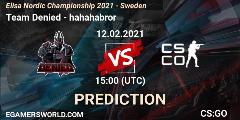 Pronóstico Team Denied - hahahabror. 12.02.2021 at 15:00, Counter-Strike (CS2), Elisa Nordic Championship 2021 - Sweden