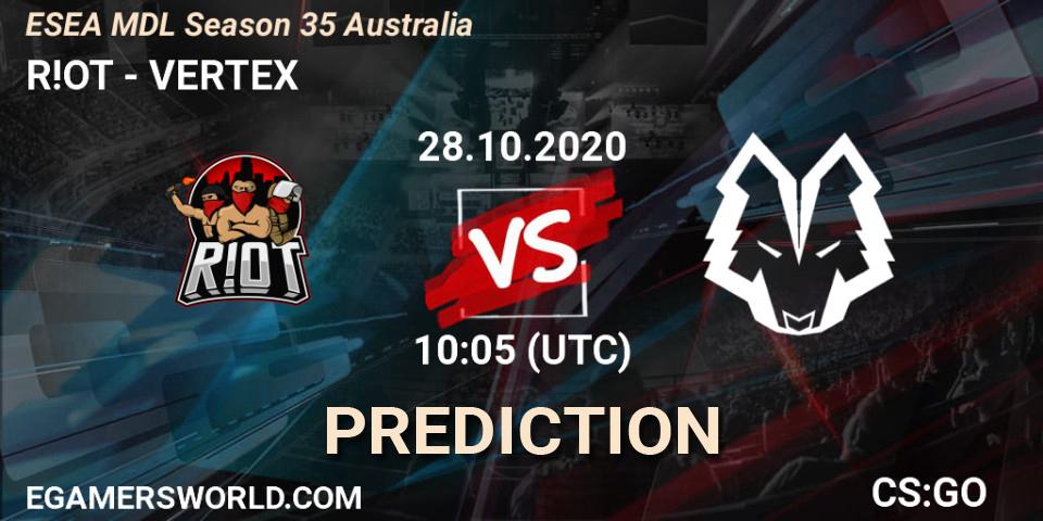 Pronóstico R!OT - VERTEX. 28.10.2020 at 10:05, Counter-Strike (CS2), ESEA MDL Season 35 Australia