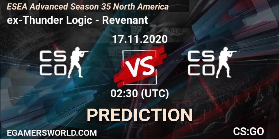 Pronóstico ex-Thunder Logic - Revenant. 18.11.2020 at 02:30, Counter-Strike (CS2), ESEA Advanced Season 35 North America