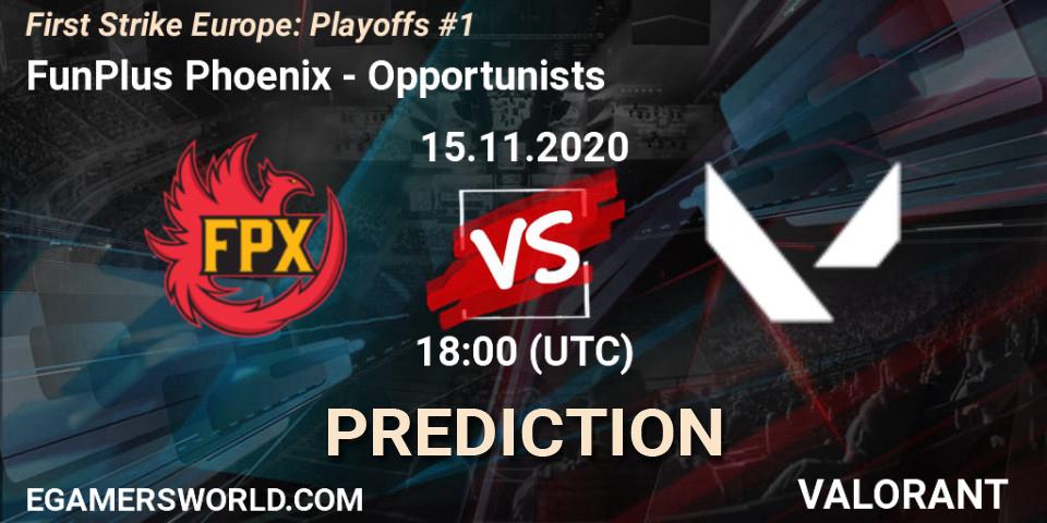 Pronóstico FunPlus Phoenix - Opportunists. 15.11.2020 at 16:00, VALORANT, First Strike Europe: Playoffs #1
