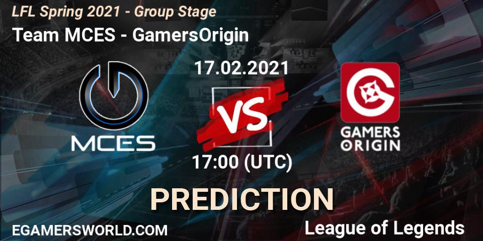 Pronóstico Team MCES - GamersOrigin. 17.02.2021 at 17:00, LoL, LFL Spring 2021 - Group Stage