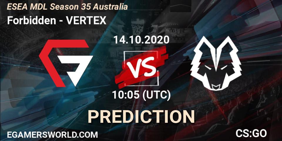 Pronóstico Forbidden - VERTEX. 14.10.2020 at 10:05, Counter-Strike (CS2), ESEA MDL Season 35 Australia