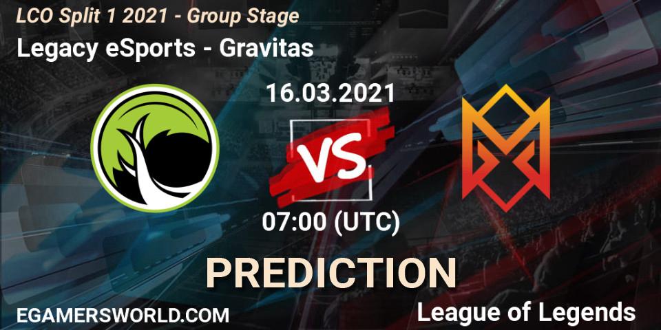 Pronóstico Legacy eSports - Gravitas. 16.03.2021 at 07:00, LoL, LCO Split 1 2021 - Group Stage
