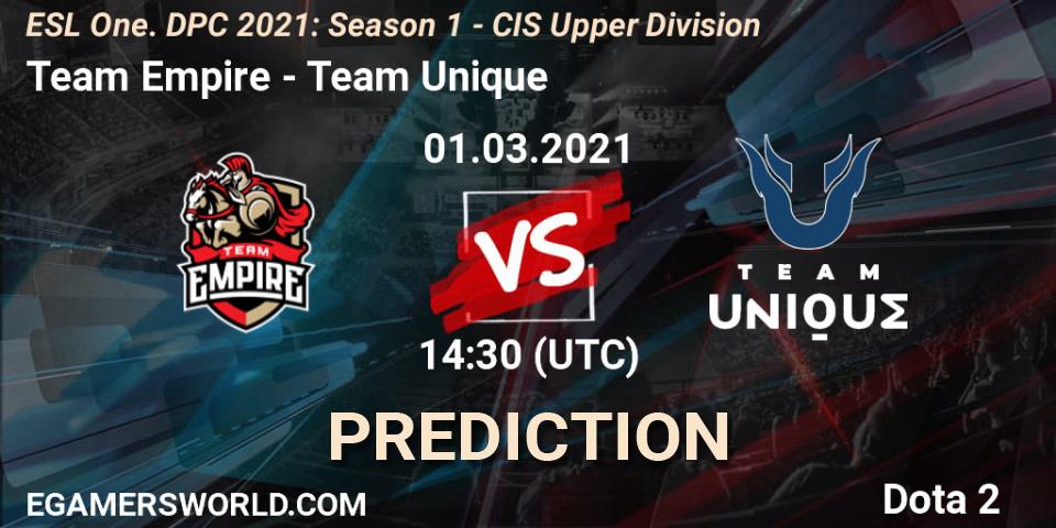 Pronóstico Team Empire - Team Unique. 28.02.2021 at 14:29, Dota 2, ESL One. DPC 2021: Season 1 - CIS Upper Division