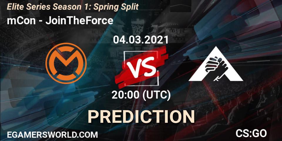 Pronóstico mCon - JoinTheForce. 04.03.2021 at 20:00, Counter-Strike (CS2), Elite Series Season 1: Spring Split