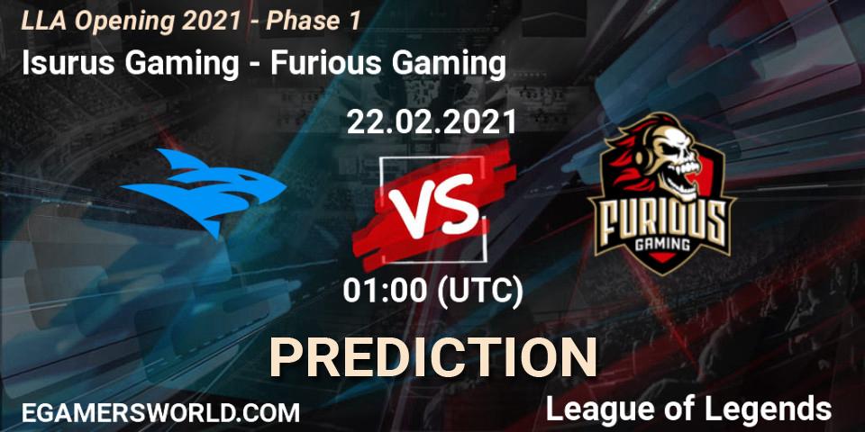 Pronóstico Isurus Gaming - Furious Gaming. 22.02.2021 at 01:00, LoL, LLA Opening 2021 - Phase 1