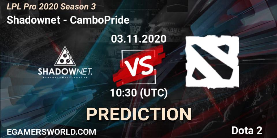 Pronóstico Shadownet - CamboPride. 03.11.2020 at 10:30, Dota 2, LPL Pro 2020 Season 3