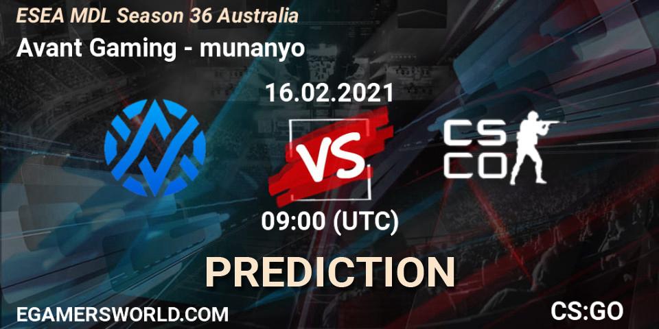 Pronóstico Avant Gaming - munanyo. 16.02.21, CS2 (CS:GO), MDL ESEA Season 36: Australia - Premier Division