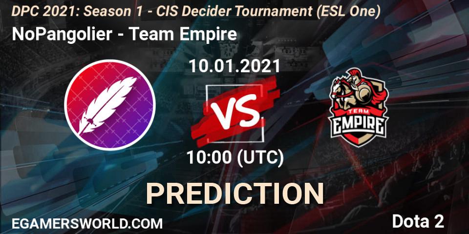 Pronóstico NoPangolier - Team Empire. 10.01.2021 at 10:00, Dota 2, DPC 2021: Season 1 - CIS Decider Tournament (ESL One)