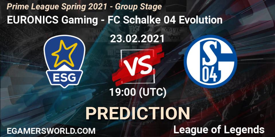 Pronóstico EURONICS Gaming - FC Schalke 04 Evolution. 23.02.21, LoL, Prime League Spring 2021 - Group Stage