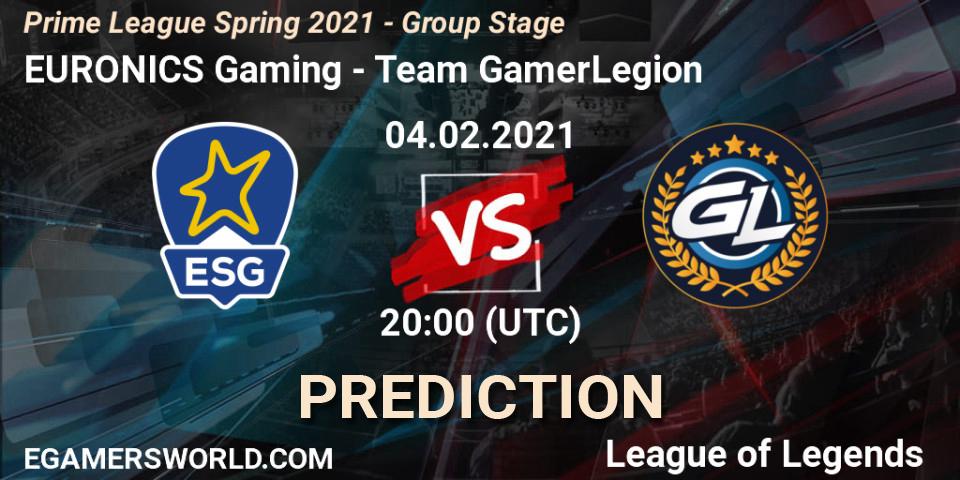 Pronóstico EURONICS Gaming - Team GamerLegion. 04.02.2021 at 20:30, LoL, Prime League Spring 2021 - Group Stage