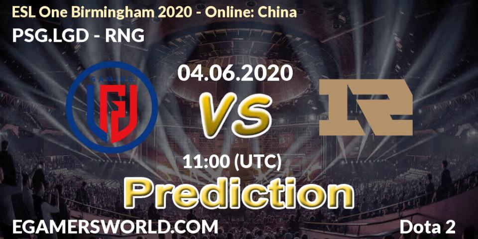 Pronóstico PSG.LGD - RNG. 04.06.2020 at 11:00, Dota 2, ESL One Birmingham 2020 - Online: China